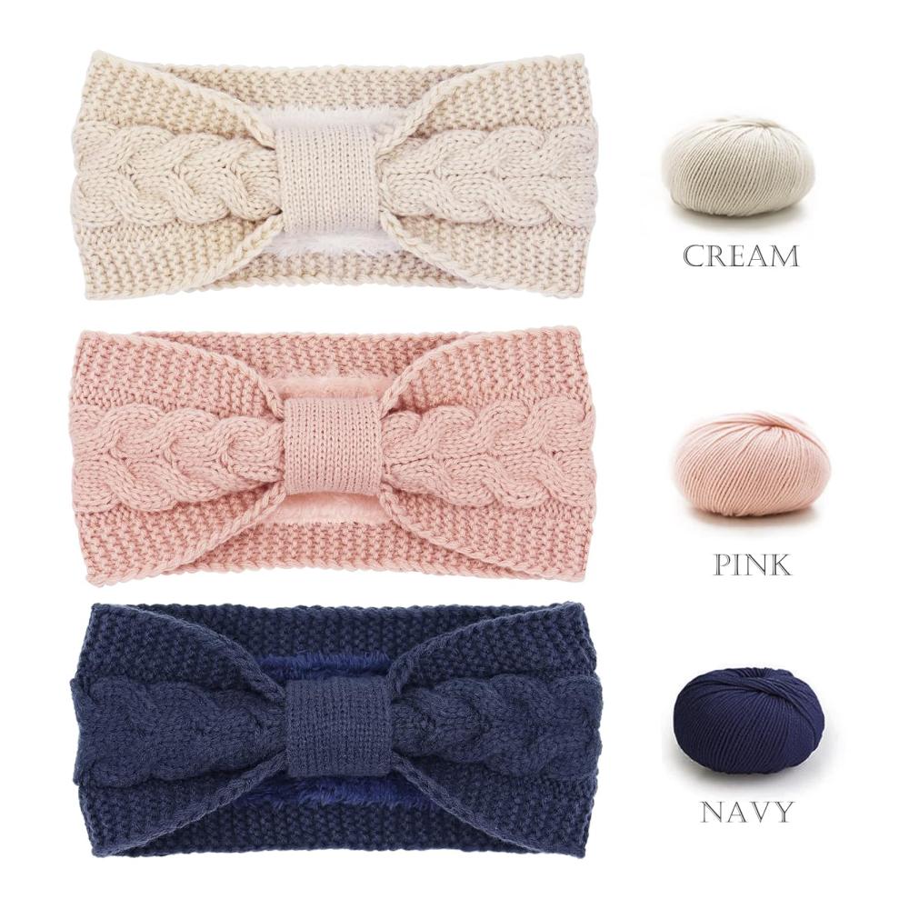 Winter Stirnbänder für Damen - Gestrickte Haarreifen in Marine Rosa & Weiß - Verdickte Stirnbänder mit Ohrenwärmern für Outdoor Sport Skifahren Laufen & Workout