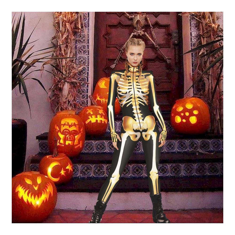 Damen Skelett Catsuit - Halloween Jumpsuit mit Langen Ärmeln und Stretch | Gruseliger Damen Skull Bone Bodysuit - Perfekt für Themenpartys