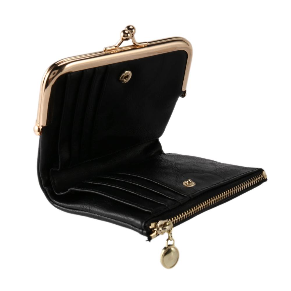 Damen Geldbörse Kurzformat Stilvolle Bifold Brieftasche mit Reißverschluss und Kiss Lock in Schwarz - Retro Design Multifunktional Geldbörse Damen