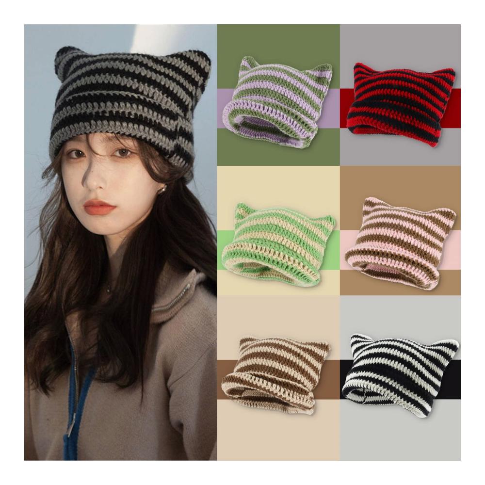 Winter Strickmütze für Damen mit Katzenohren - Trendige Warme und Weiche Slouchy Gestreifte Häkelmütze - Vintage Katzen Hut für Frauen