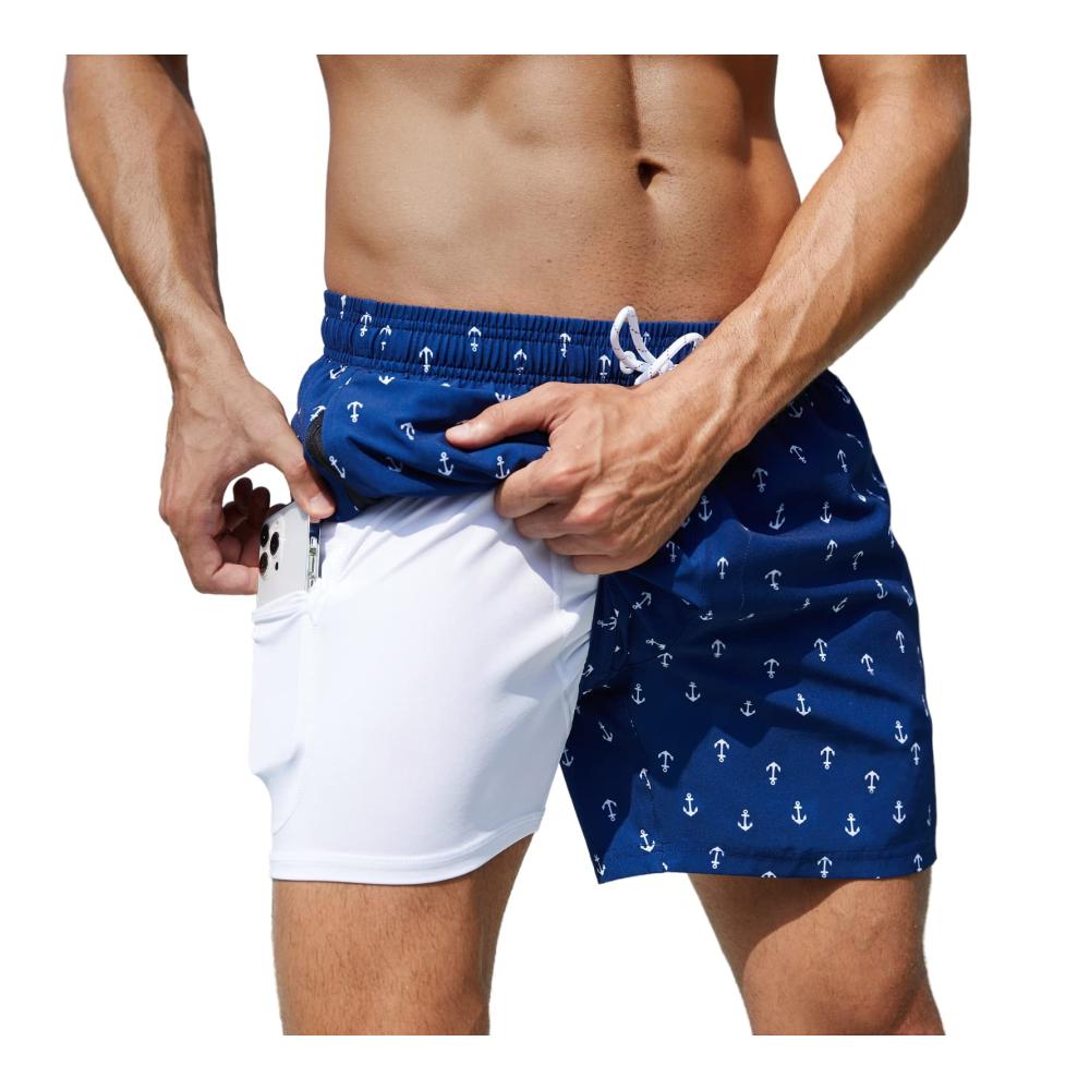 Herren Badeshorts mit Kompression Liner 2-in-1 Elastische Surf Shorts Schnelltrocknend mit Reißverschlusstaschen