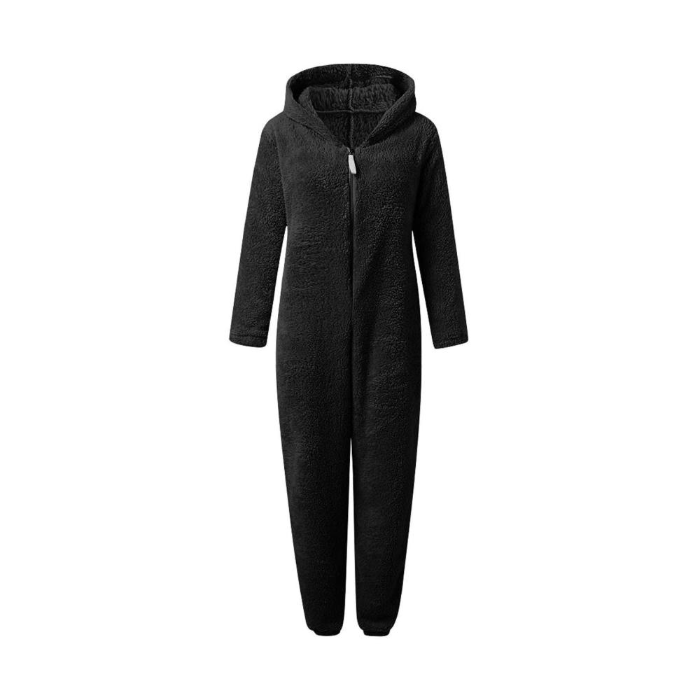 Winterlicher Damen Jumpsuit mit Teddy Fleece | Kuscheliger Einteiler Onesie Schlafanzug | Langärmliger Pyjama mit Kapuze und Reißverschluss | Gemütlicher Schlafoverall für Zuhause | Flauschig weich und einfarbig