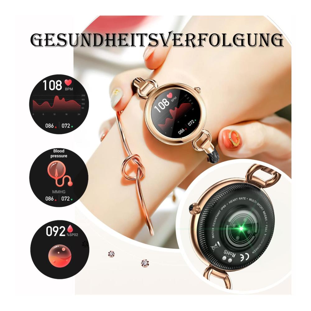 Fashion Smartwatches Damen Elegant Gold Schmuck Armreif mit Schrittzähler Schlafmonitor Pulsuhr Blutdruck & Periode - Edelstahl Smartwatch Damenuhr für Fitness kompatibel mit IOS und Android