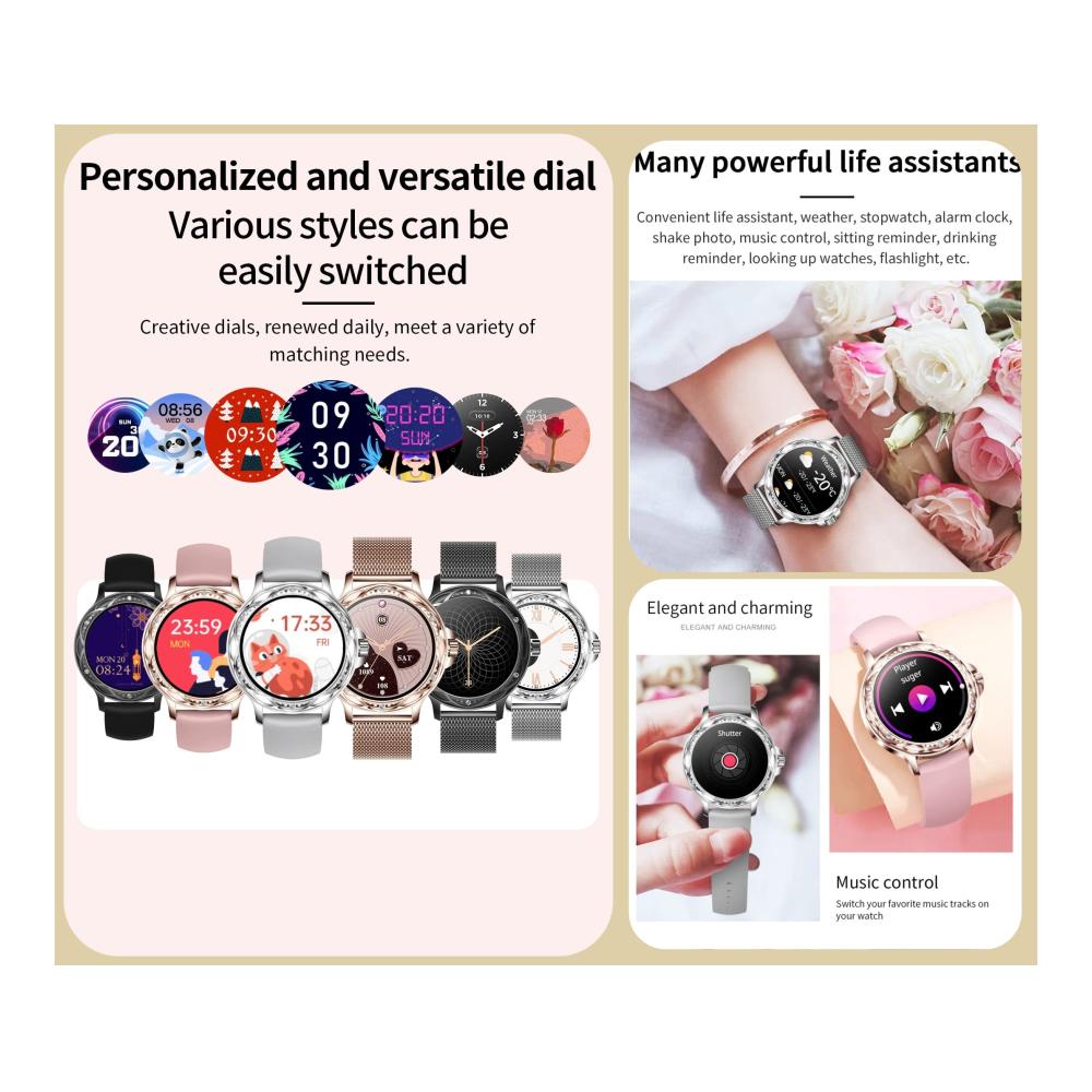 Smartwatch Damen 1.2 Zoll HD Rund - Wasserdicht Bluetooth Anruf Fitness Tracker - iOS Android - Fashion Damenuhr mit Whatsapp Funktion (Schwarz