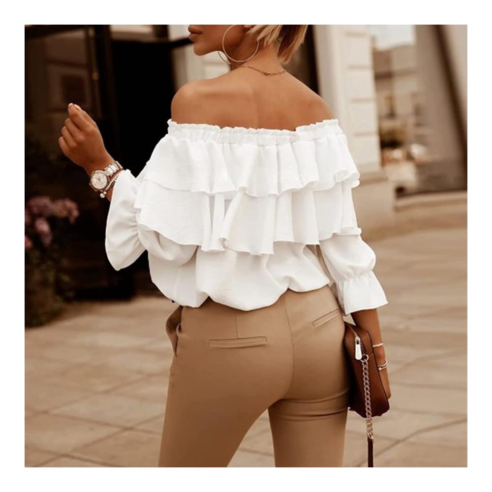 Damen Schulterfrei T-Shirts mit Geschichteten Rüschenärmeln und Rückenausschnitt - Elegante Weiße Blusen Tops