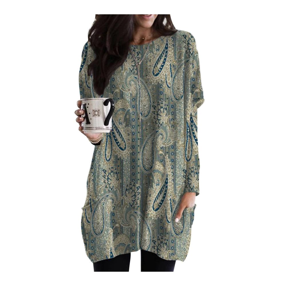 Damen Langarmshirt mit Blumendruck und Taschen - Lässiges Rundhals-Kleid lockeres Oberteil in Übergröße