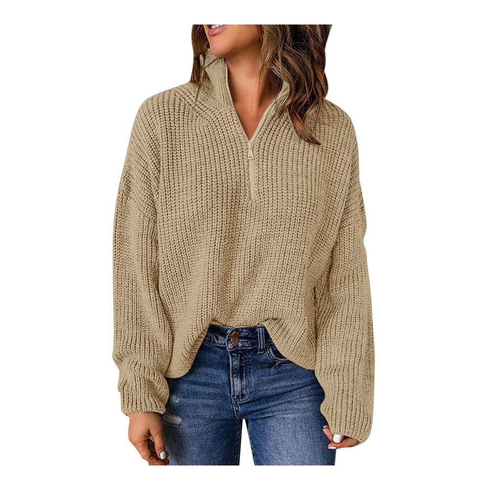 Damen Pullover mit Reißverschluss | Langarm Strickpullover für Herbst/Winter | Stehkragen Vintage Sweater - Kanpola Grobstrickpullover Oberteil