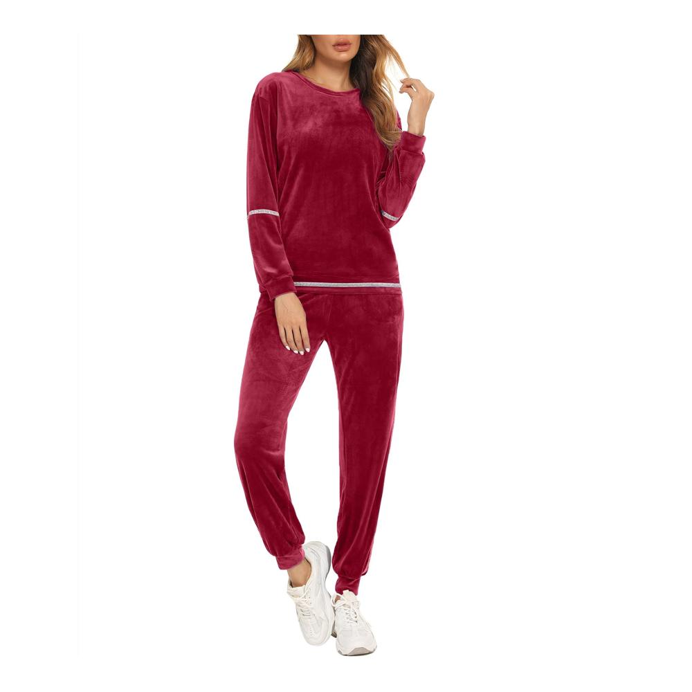 Damen Velours Schlafanzug mit Paillettenbündchen - Samtweicher 2-teiliger Freizeitanzug Langarm Pullover mit Rundhals und Gummizug Hose inklusive Tasche