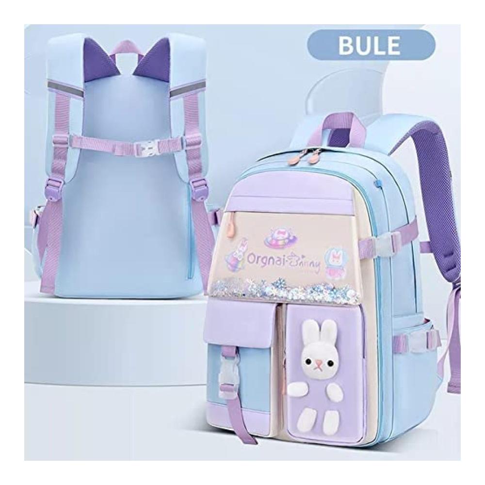Bad Bunny Schulrucksack für Mädchen | Große Kapazität Wasserdichter Hasen-Rucksack für Klassen 1–6 Blau S