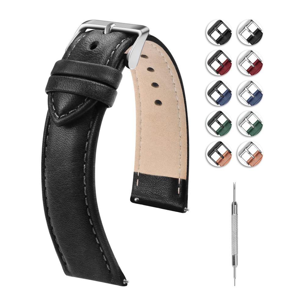 18mm Uhrenarmband aus hochwertigem Leder mit austauschbarem Ersatzband für Herren und Damen – Schwarz/Silber Schnalle inklusive