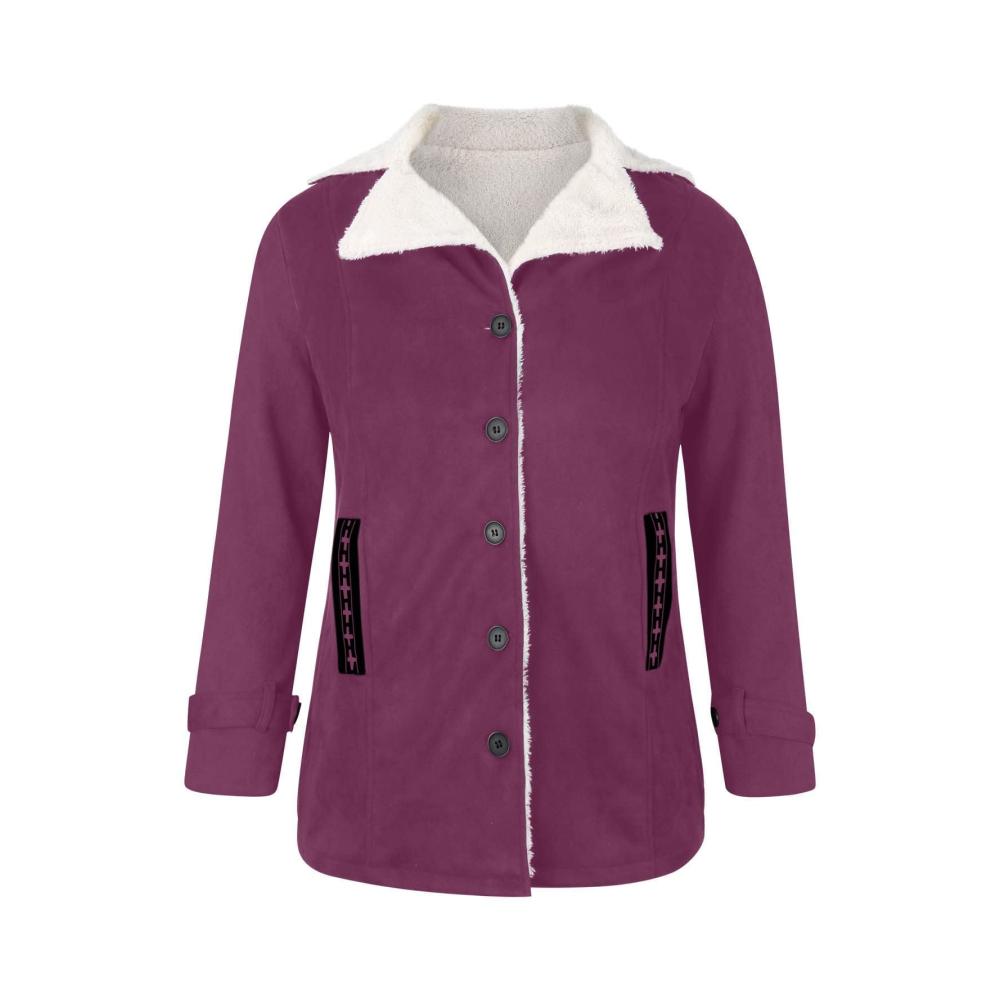 Damen Fleecejacke mit Pelzkragen | Wintermantel für Frauen | Warme Strickjacke mit Schaffell-Futter | Einfarbige Langarm-Parka | Casual Knöpfe Mantel für Herbst und Winter