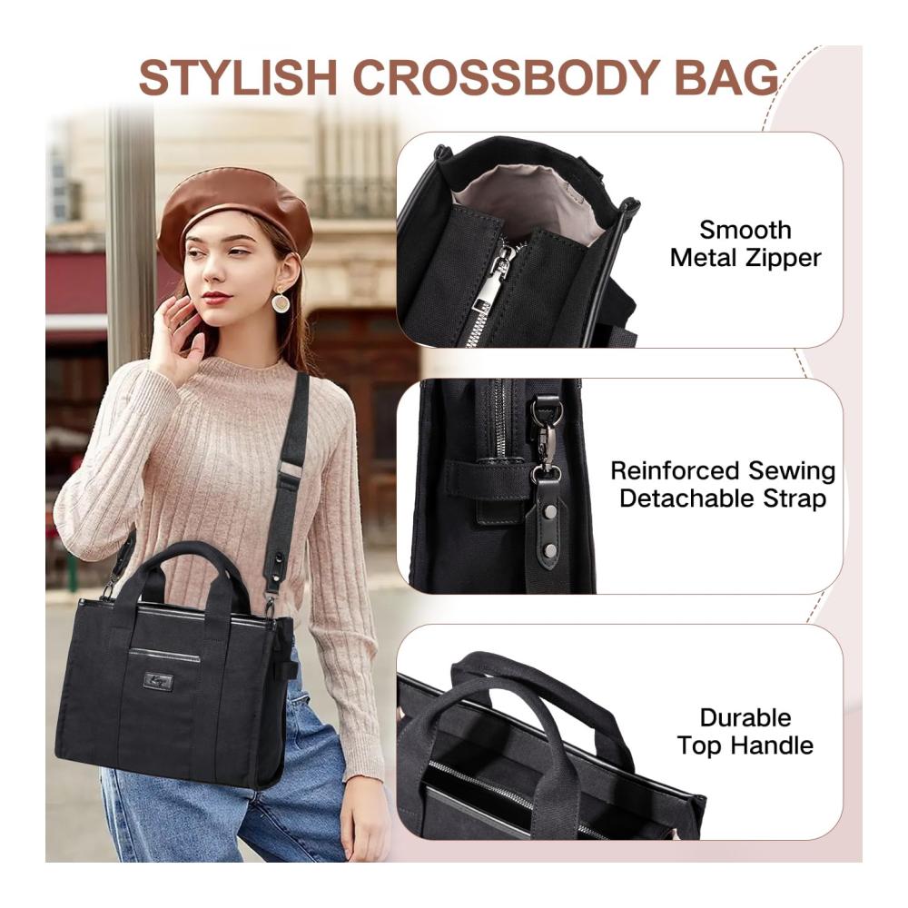Canvas Tote Bag für Damen Praktische Umhängetasche mit Reißverschluss ideal für Arbeit Reisen Schule - Crossbody Casual Style mit Geldbörse und vielen Taschen