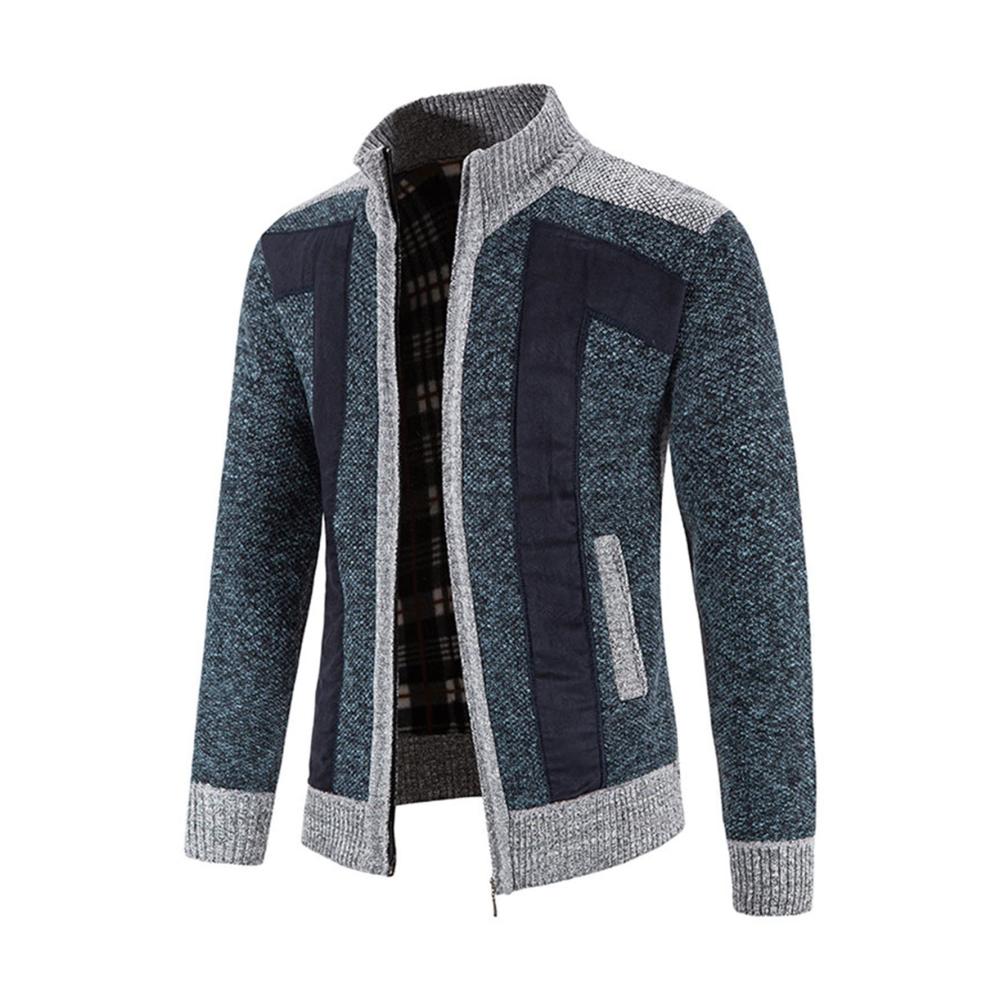 Herren Strickjacke mit Stehkragen und Reißverschluss für Herbst und Winter - Gestreifter Zipper Cardigan Feinstrick Trachtenjacke gestrickter Wintermantel mit Taschen Outdoor Warm Winterjacke Strickmantel