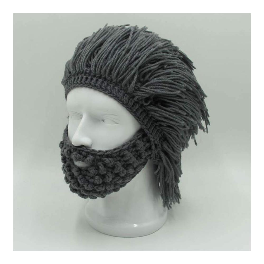 Handgemachte Barbarian Beanie Cap für Kinder und Erwachsene – Wikinger-Strickmütze mit Bartdetails lustige Skull Cap in Grau Große Größe