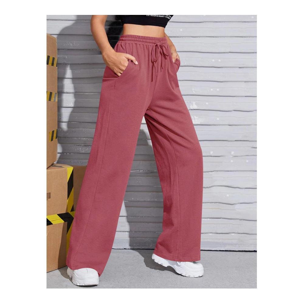 Damen Jogginghose mit weitem Bein hoher Taille elastischem Bund und Kordelzug - Lockere Freizeithose mit Taschen