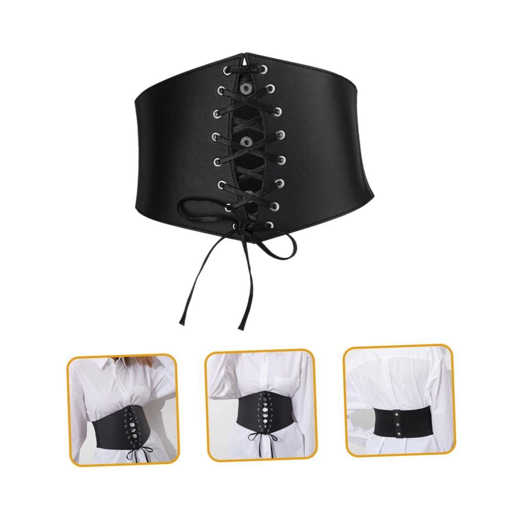 Breiter Damen Korsettgürtel in Schwarz – Elastischer Bindegürtel mit Schnürung für Renaissance-Accessoires Fräulein Rock Kunstleder – Taillengürtel für Frauen