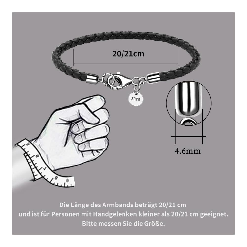 Herren Lederarmband 925 Sterling Silber Verschluss | Geflochtenes 4MM Schwarz/Braun | 20/21cm Unisex Schmuck mit Geschenkbox