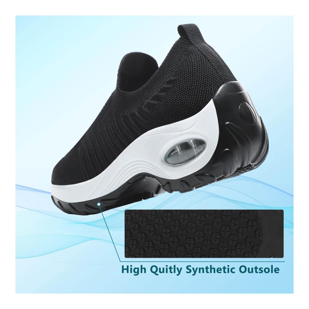 Damen Wanderschuhe Leichte Slip-On Sneaker mit Atmungsaktivem Mesh Luftkissen-Technologie und Keilsohle - Schwarz/Weiß Größe 38 EU
