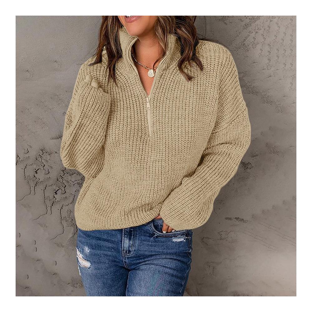 Damen Pullover mit Reißverschluss | Langarm Strickpullover für Herbst/Winter | Stehkragen Vintage Sweater - Kanpola Grobstrickpullover Oberteil