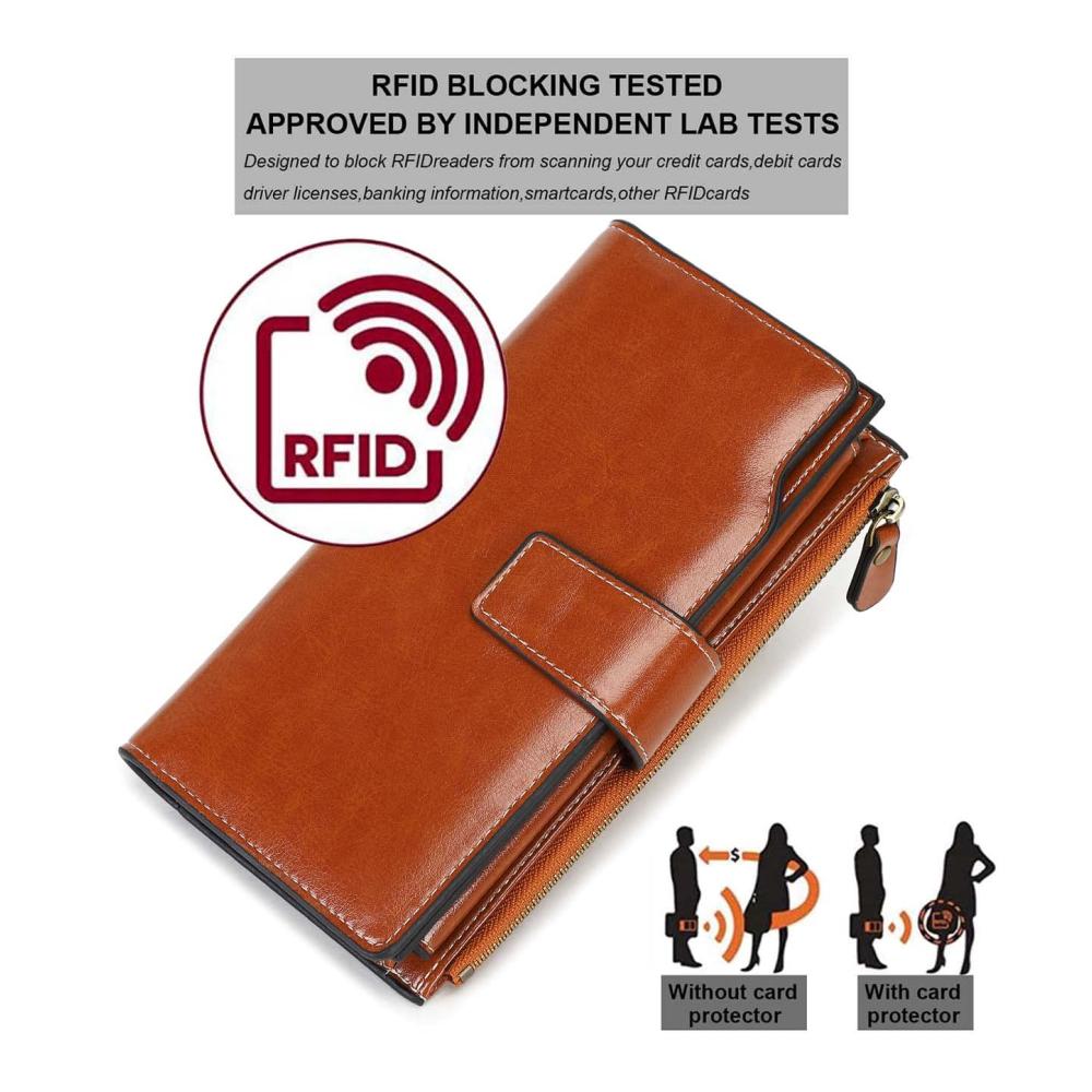 Braune Damen-Ledergeldbörse mit RFID-Schutz großer Kapazität und Handytasche