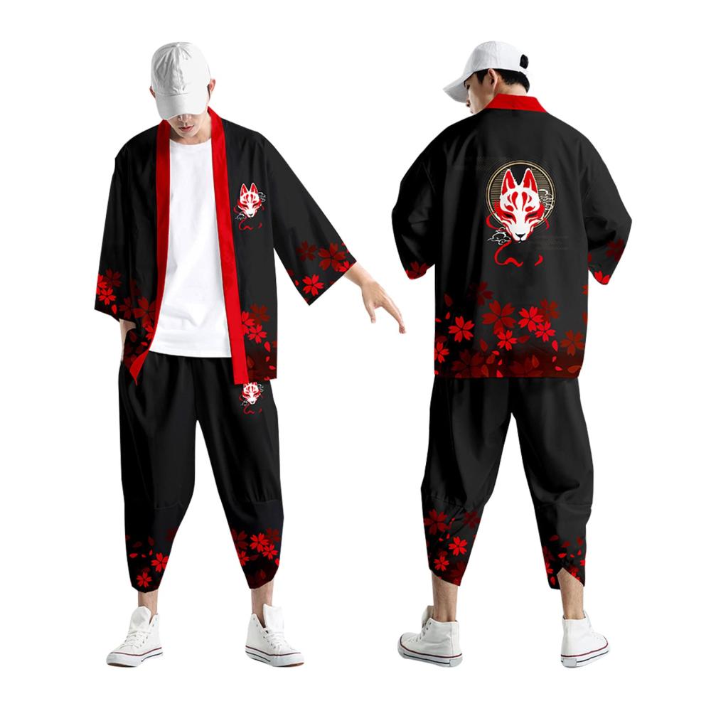 Bademäntel Kimono Set Herren - Sommerlicher Japanischer Stil Mehrfarbiger Druck Lockerer Cardigan mit 3/4-Ärmeln Bunte Nationalmuster Bademantel & Baggy Nachthemd Strandhemd T-Shirt Set