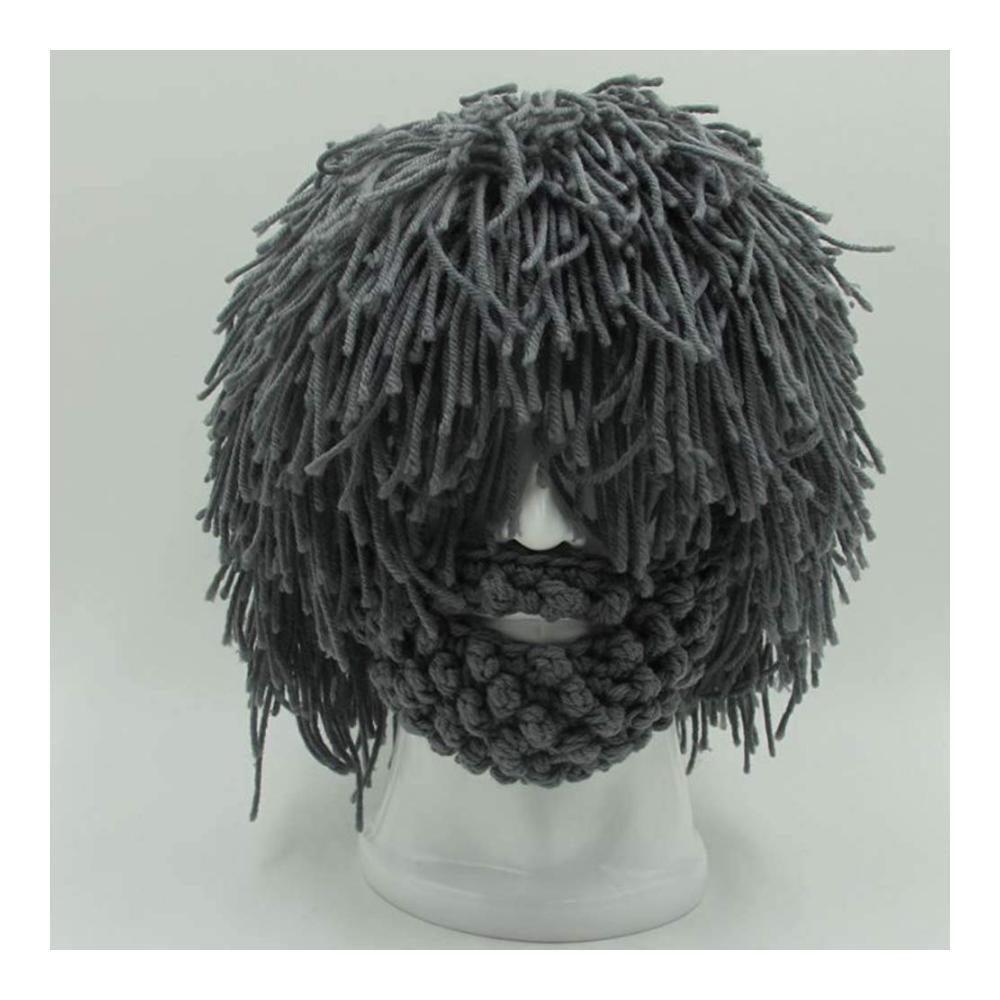 Handgemachte Barbarian Beanie Cap für Kinder und Erwachsene – Wikinger-Strickmütze mit Bartdetails lustige Skull Cap in Grau Große Größe