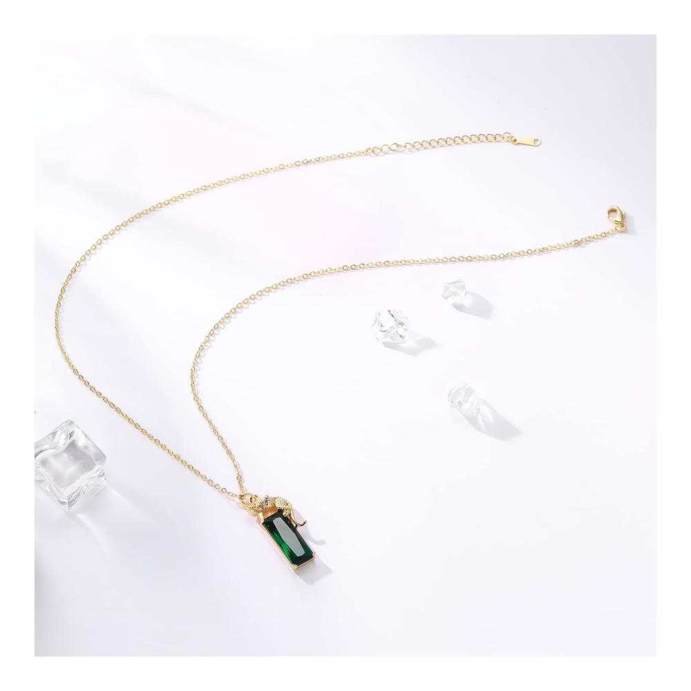14K Gold Überzogene Damen Halskette mit Grünen Kristall-Leopard-Anhänger - Hip-Hop Punk Panther Schmuckgeschenk