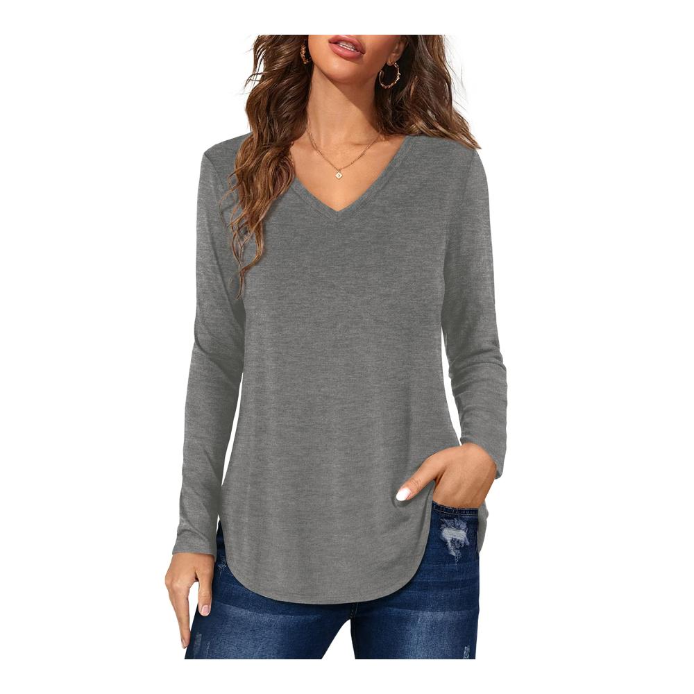Langarmshirts Damen Modische Tunika mit V-Ausschnitt Langarm oder Kurzarm – Casual Longshirt als Basic Oberteil