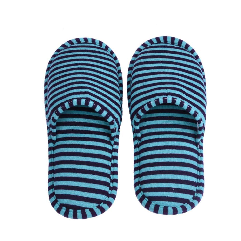 Foldable Cotton Slippers - Portable Reusable and Anti-Slip Indoor Footwear for Home and Hotel (Mens Blue Striped Design