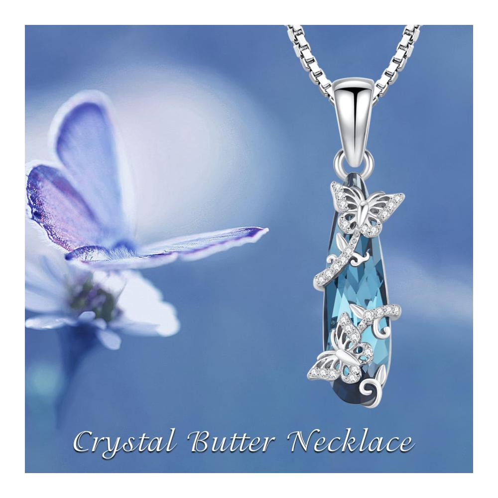 925 Sterling Silber Doppel-Schmetterlingshalskette mit Blau-Kristall-Anhänger – Elegantes Tierdesign für Damen und Mädchen
