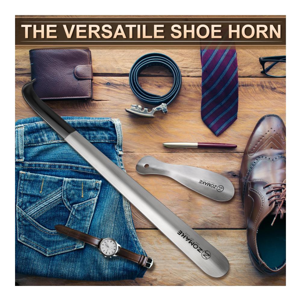 Edelstahl Schuhlöffel Set – 42cm Lang & 19cm Klein 2er Pack mit Gummihülse Wandhalterung für Senioren – Metall Schuhanzieher Shoe Horn Silber 42&19cm