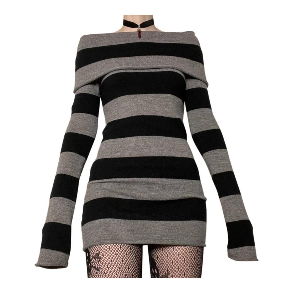 Schwarzes Schulterfreies Minikleid im Y2K-Stil - Figurbetont Gestreift Langärmelig - XL