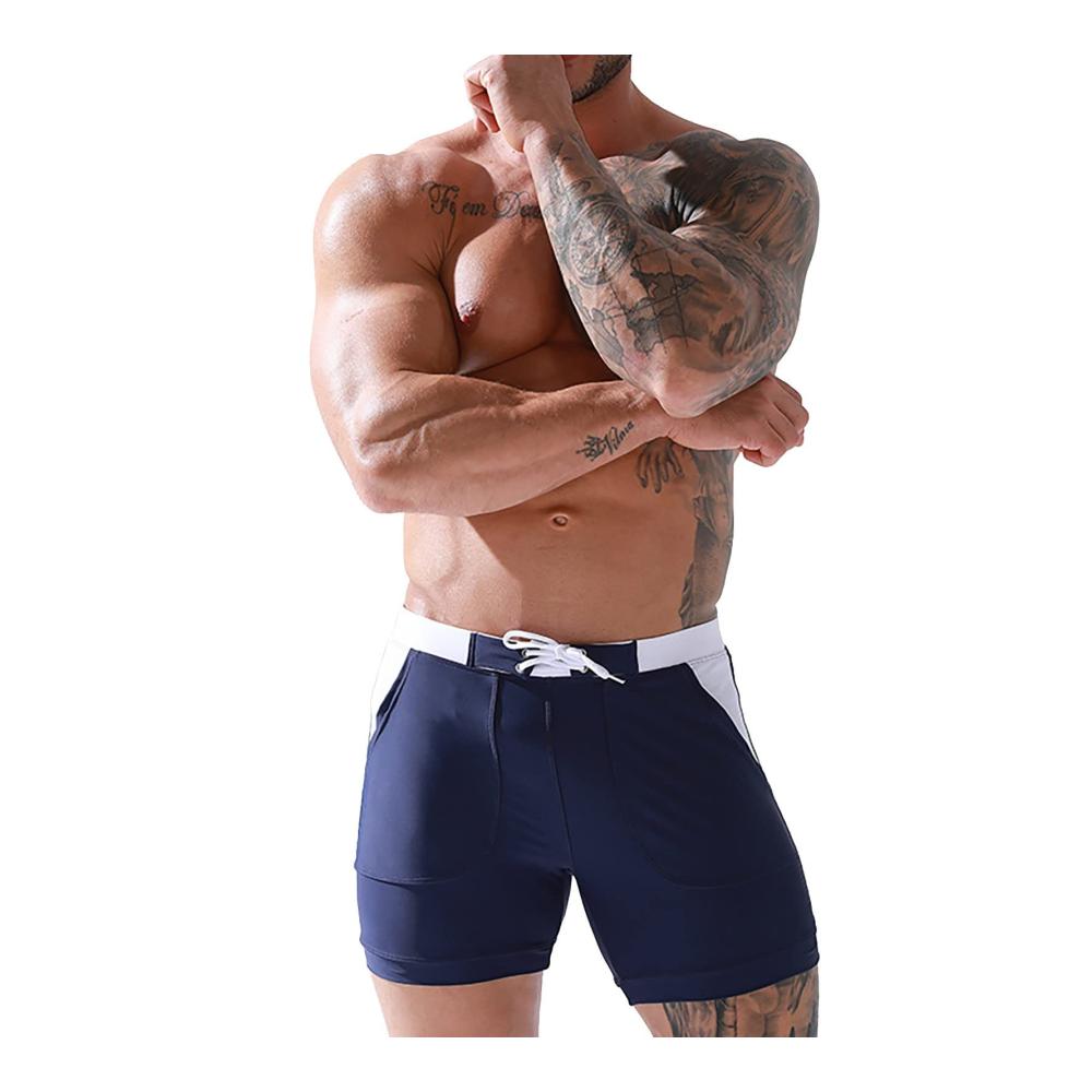 Herren-Badehose Lange Schwarze Doppellagige Strandshorts mit Viertelquadratecken und Schnürverschluss