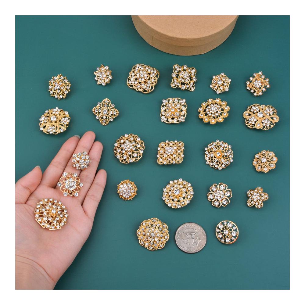 Strass Kristall Broschen Set - 24 Stück Goldplattierte Blumen-Pins für Damenbekleidung Hochzeit Dekor - Corsage Blumenstrauß Anstecknadeln in Sortiment