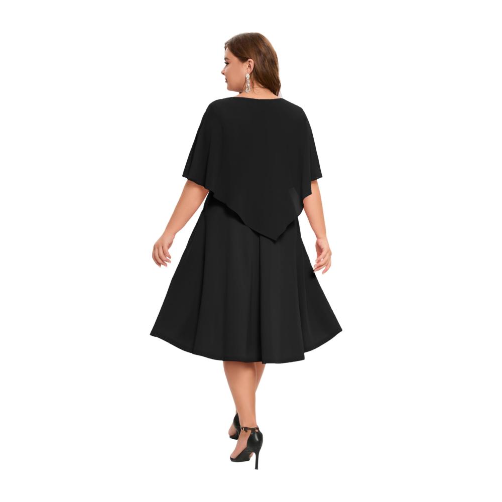 Chiffon Cocktailkleid Damen Große Größe | Elegantes A-Linien Abendkleid mit V-Ausschnitt und Overlay Knielang