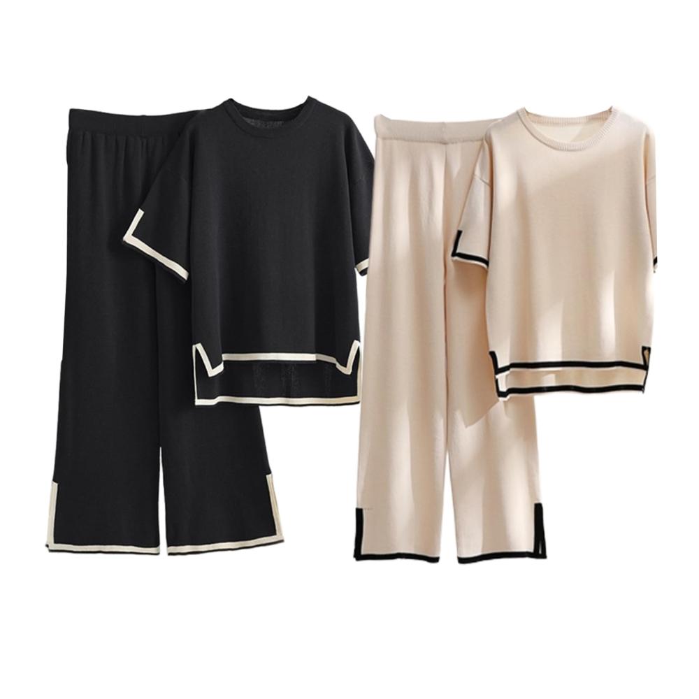 Damen Lounge-Set Strick Trainingsanzug mit Pullover hoher Taille und weitem Bein - 2-teiliges Retro-Ensemble