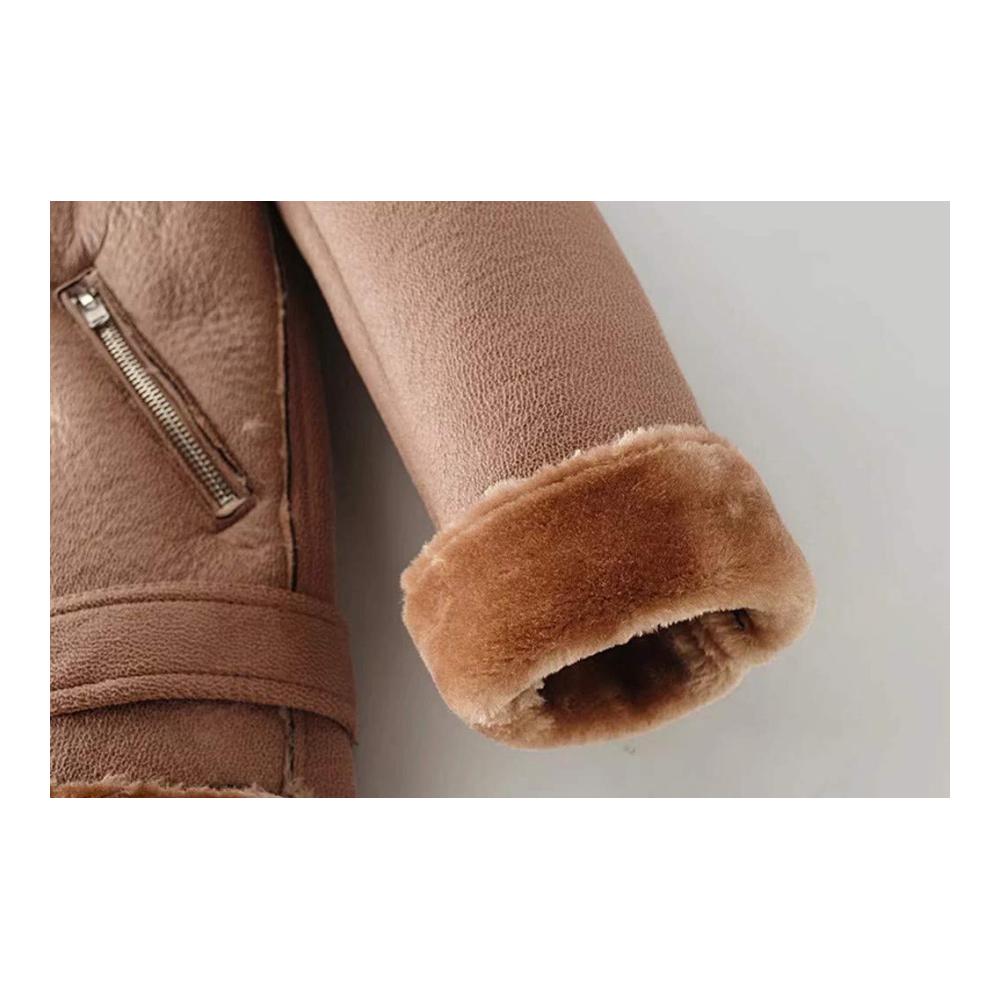Damen Bikerjacke Wintermantel - Warme Übergangsjacke mit Stehkragen und Gürtel