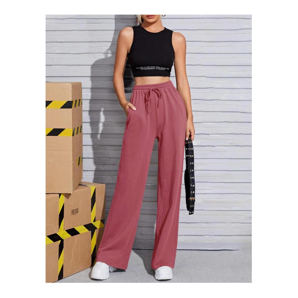 Damen Jogginghose mit weitem Bein hoher Taille elastischem Bund und Kordelzug - Lockere Freizeithose mit Taschen