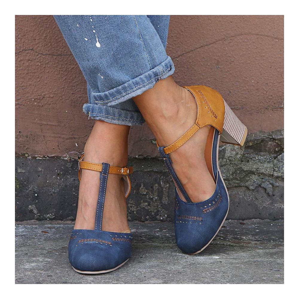 ACMEDE Damen Sandalen - T-Strap Pumps mit Riemchen Blockabsatz und geschlossener Spitze - Spangenpumps in Wildleder mit breitem Absatz - Elegante Damenschuhe für Frühling und Sommer