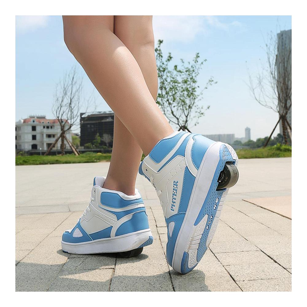 Roller Skate Sneakers für Mädchen - Blaue Skateboard Schuhe mit Einzelrollen - Sportliche Turnschuhe für Gymnastik und Outdoor-Running - Größe 36