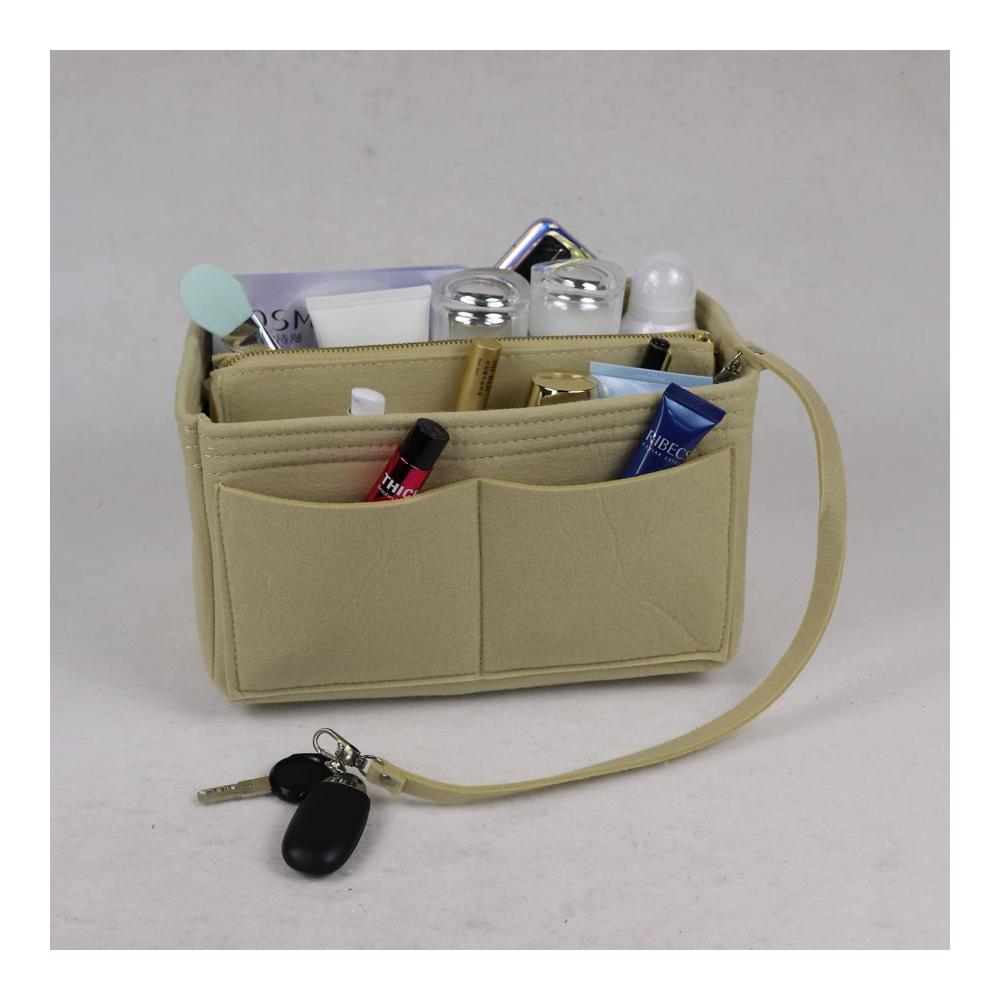 Taschenorganizer 2-in-1 Filz Handtaschen Organizer mit Reißverschluss Kosmetiktasche Abnehmbarer Tasche und Schlüsselanhänger - Damen Beige Medium