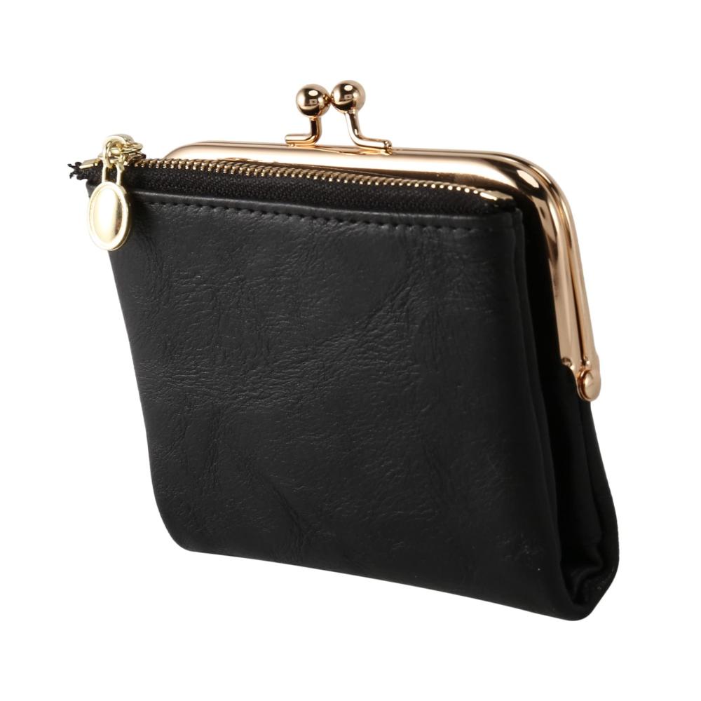 Damen Geldbörse Kurzformat Stilvolle Bifold Brieftasche mit Reißverschluss und Kiss Lock in Schwarz - Retro Design Multifunktional Geldbörse Damen