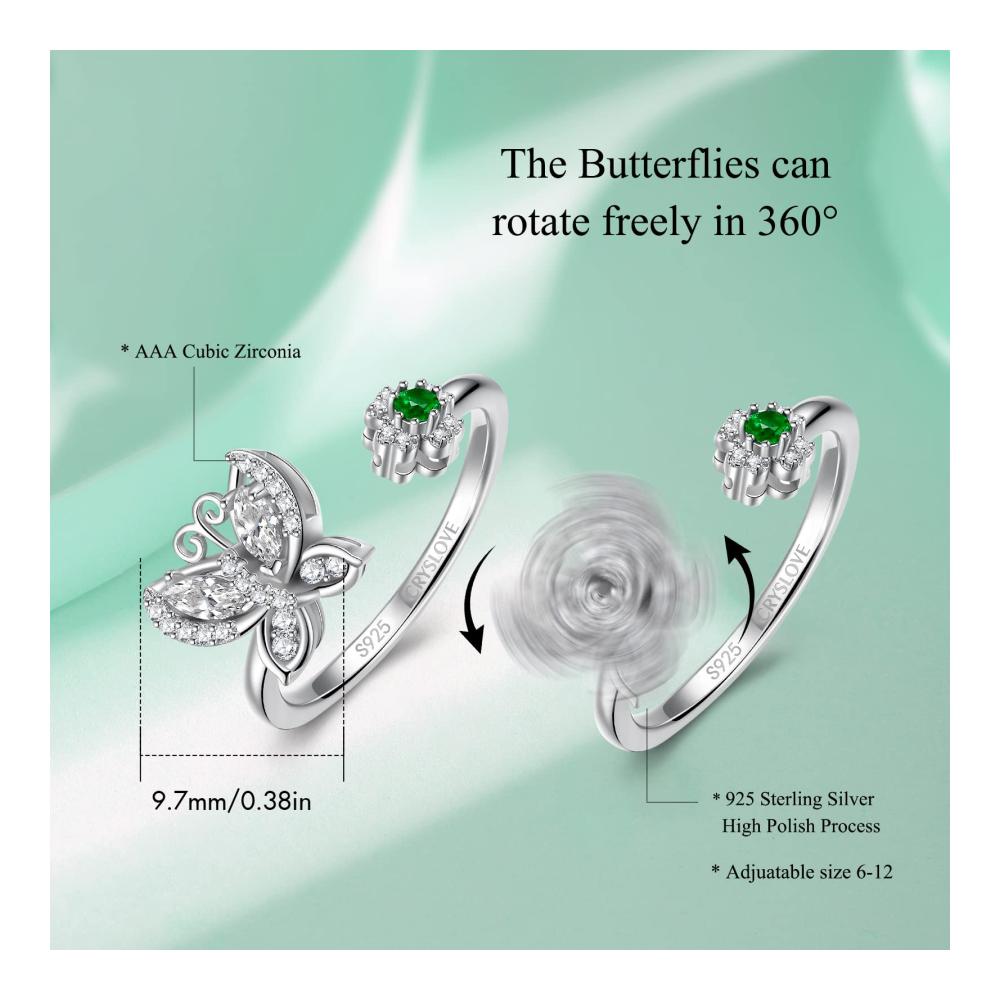 925 Sterling Silber Schmetterling Spinner Ring - Damen Angst & Fidget CZ Band - Verstellbarer Anti-Stress Ring mit Geschenkbox