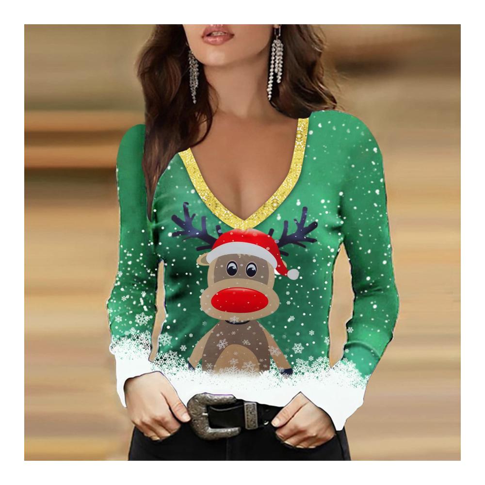 Fallout Weihnachtspullover Bluse für Frauen - Grüne Tunika mit V-Ausschnitt Langarm Weihnachten Print Sexy Shirt Kalte Schulter - Casual Top mit Soft Tops - Größe M