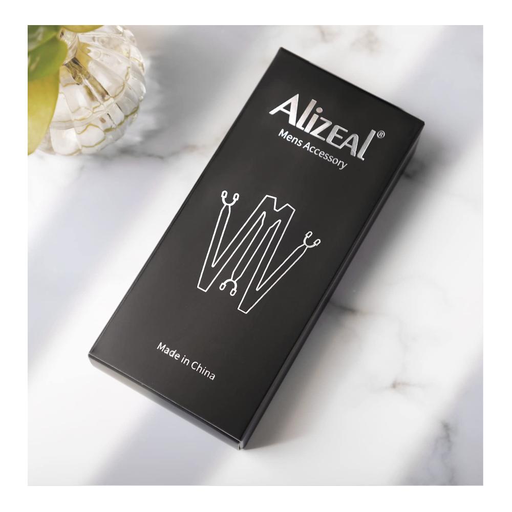 Alizeal Herren Schwarz Fliege und Hosenträger Set mit 6 Clips Einstecktuch und Manschettenknöpfen - Elegantes Accessoire-Ensemble für stilbewusste Männer