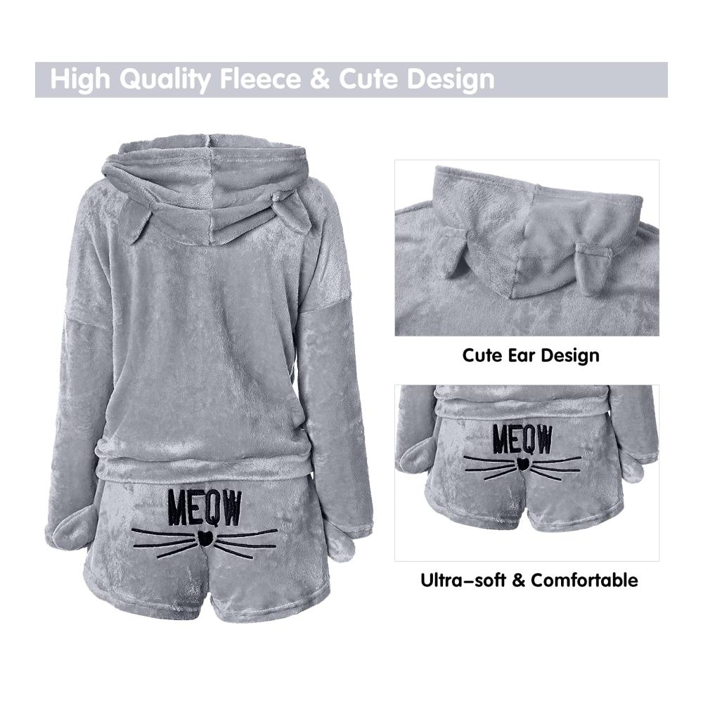 Damen Schlafanzug Set mit Katzen-Stickerei | 2-teilig Winter Nachtwäsche | Niedlicher Mädchen Pyjama mit Kapuze Katzenohren Fleece | Langarm-Bademantel & Shorts Trainingsanzug