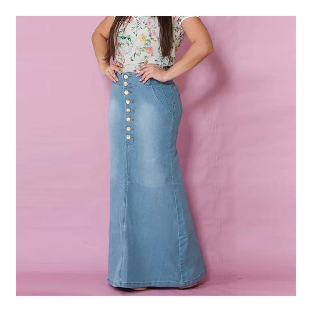 Schwarzer A-Linien-Jeans-Skort für Damen – Modischer Casual-Rock mit Knopfleiste lang geschnitten gewaschen Prinzessinnen-Stil