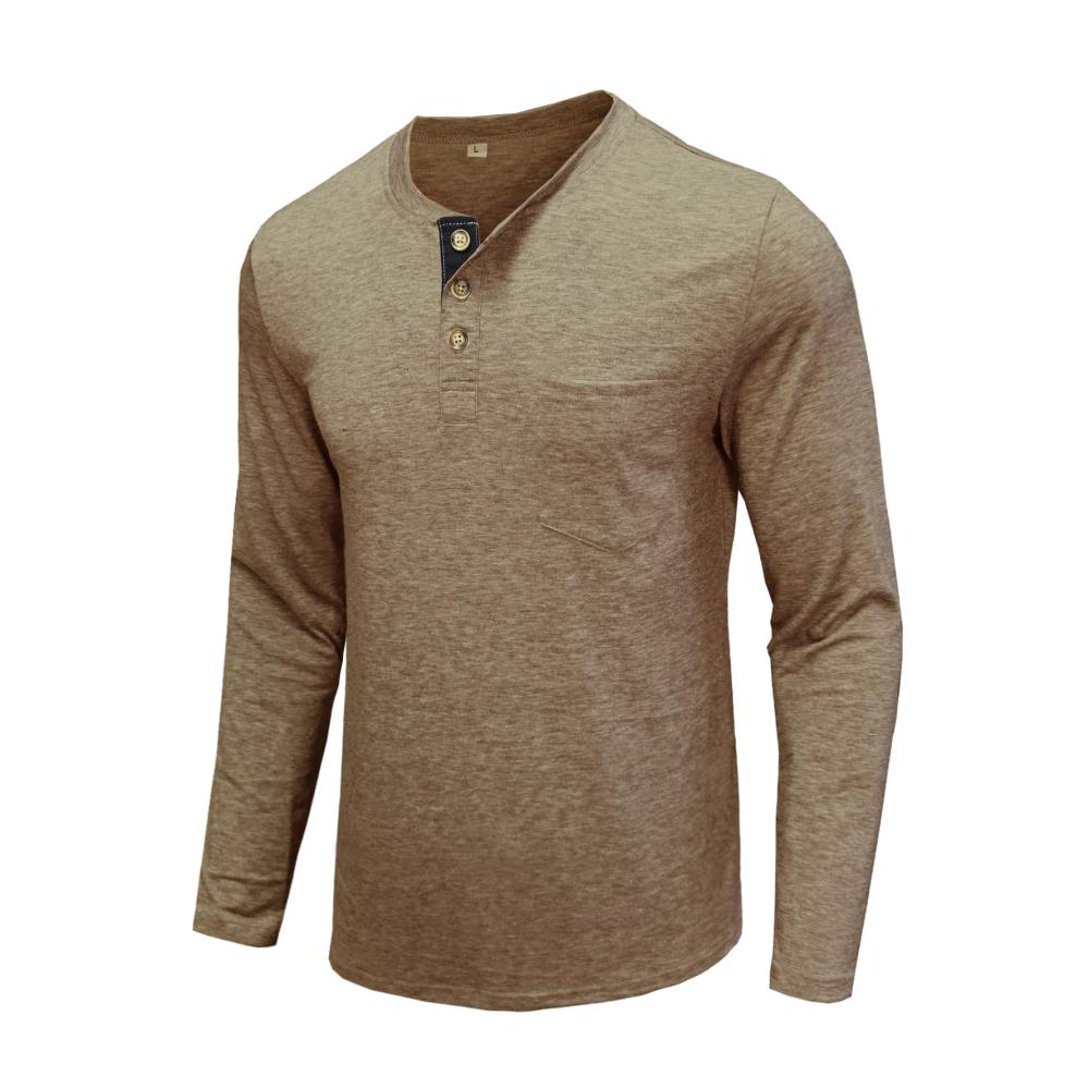 Herren Henley Langarmshirt mit Brusttasche - SwissWell Langarm Casual Shirt in Braun - Baumwolle mit Knopfleiste - Frühling M