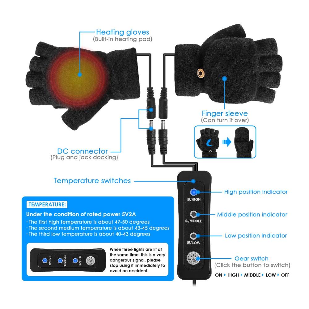 Beheizbare USB-Handschuhe von iFCOW - Winter Heizhandschuhe für Herren und Damen mit 3 Temperatureinstellungen