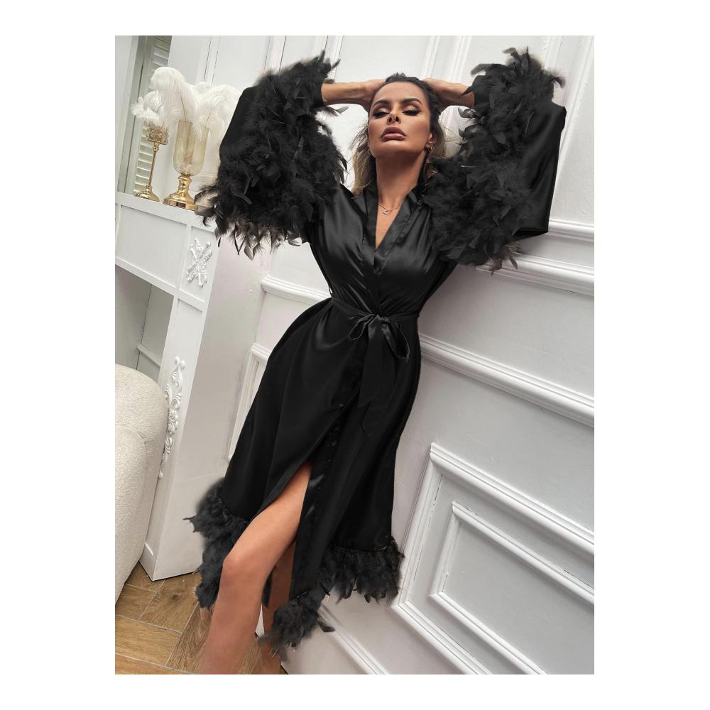 Damen Satin Nachthemd mit Feder - Kimono Robe in Sexy Bademantel Nachtwäsche inklusive Gürtel